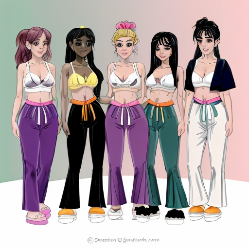 90's Disney style comic with dark blue background with six panel grids showing 
Panel 1 the black haired ponytail woman with ,dark purple skin ,purple and yellow spotted harem pants,and bra and purple sash and yellow vest and purple curved slippers. 
Panel 2 the black haired ponytail woman with white skin,black and white striped harem pants,black and white bra and black sash and black vest and white curved slippers. 
Panel 3 the black haired ponytail woman with blue skin, light and dark blue striped harem pants, light blue bra and dark blue sash and dark blue vest and light blue curved slippers . 
Panel 4 the black haired ponytail woman with green skin, light and dark green harem pants, light green bra and dark green sash and dark green vest and light green curved slippers. 
Panel 5 the black haired ponytail woman with dark pink skin, pink harem pants, pink bra and pink sash and pink vest and pink curved slippers. 
Panel 6 the black haired ponytail woman with orange and purple striped harem pants, purple bra and orange sash and orange vest and purple curved slippers and all are having their hand palms place together near their chest and swaying their hips