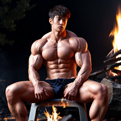 An Anime knight sitting next to a campfire with all of his cloths except his underwear off and he has abs and muscles and is flexing his muscles to the camera 