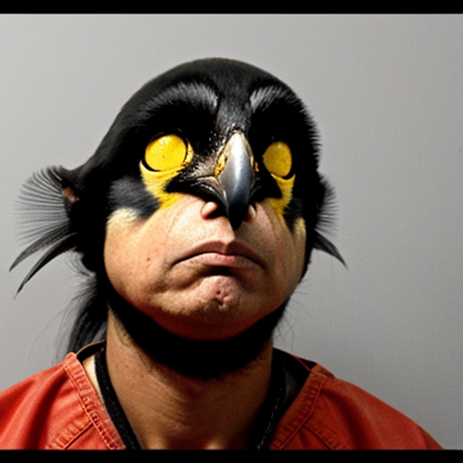 generate a image of a indian myna in a mugshot looking fierce, sinister, evil and deadly prison outfit