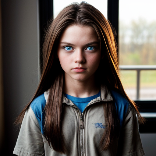 A girl with long brown hair blue eyes that looks kinda like storm boy about 10 years old 
