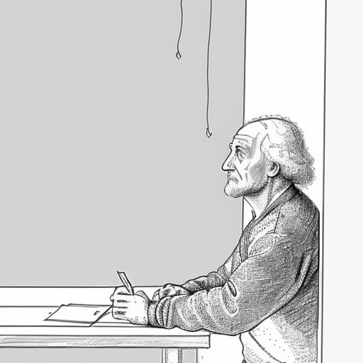 Make a easy to draw sketch of an old Leonardo da vinci leaning on a wall