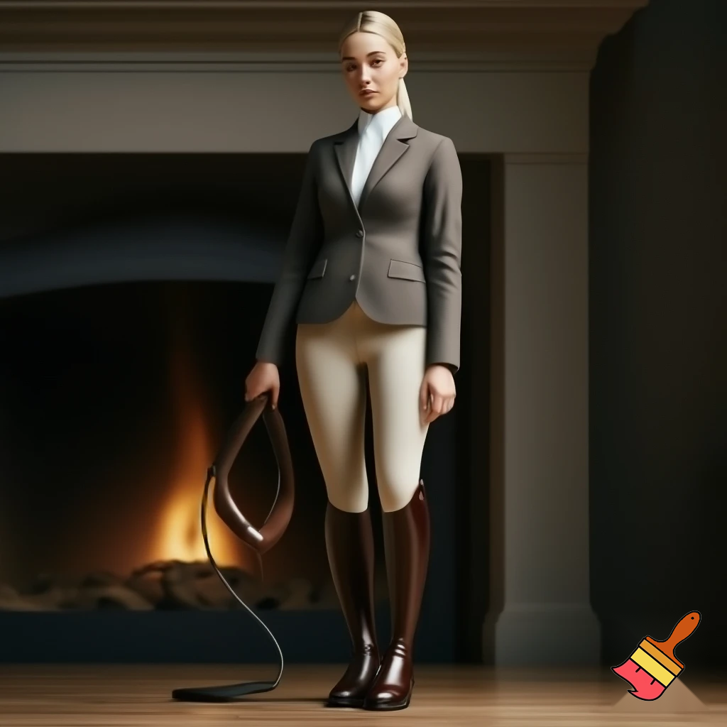 Masterpiece of the finest photo quality, a stern-looking, highly trained, very elegant 30 years equestrian woman with a slim, athletic build and blond hair and ponytail, dressed in a  tailor-made riding jacket, beige tight-fitting breeches and knee-high polished riding boots with high shaft , confidently standing next to the fireplace with a leather neck-yoke with leash in her hand , an elegant and refined atmosphere, soft natural light.8k 