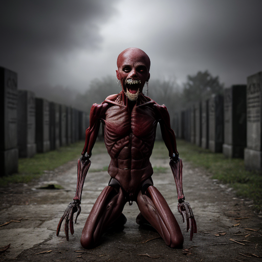 ​Photorealistic horror scene in a foggy, dilapidated cemetery. Three gaunt, emaciated humanoid figures with pitch-black, tar-like skin. The left figure has a head of exposed red flesh, tentacles, and embedded screaming human faces. The center figure's head is split into a gaping fleshy maw with long tendrils, topped with a black human head. The right figure crouches in a predatory stance, its head made of exposed red muscle and facial tentacles. Gloomy overcast sky, bare trees, ruined stone crypts, dead leaves on the ground, cinematic lighting, highly detailed, grimdark atmosphere, 8k.