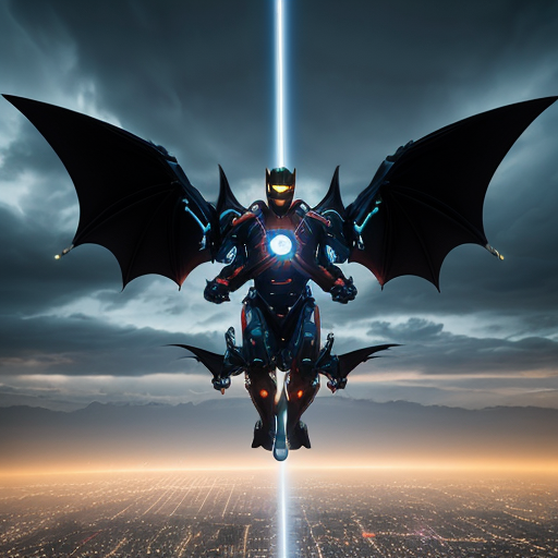 A dragon armored high-tech superhero flying in the sky with energy thrusters, mechanical dragon wings deployed, shooting energy beams from hands, futuristic city below, dramatic clouds, cinematic action shot, motion blur, ultra realistic, 8k, dynamic pose