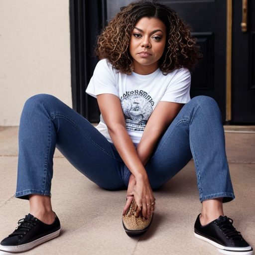 Taraji P. Henson long brown curly hair black t-shirt under t-shirt and blue jeans black toes shoes out 