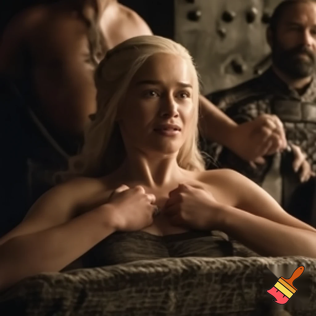 Daenerys Targaryen and Cersei Lannister wrestling in the throne room , Cersei Lannister is under Daenerys and losing. Both are naked and all sweaty 
