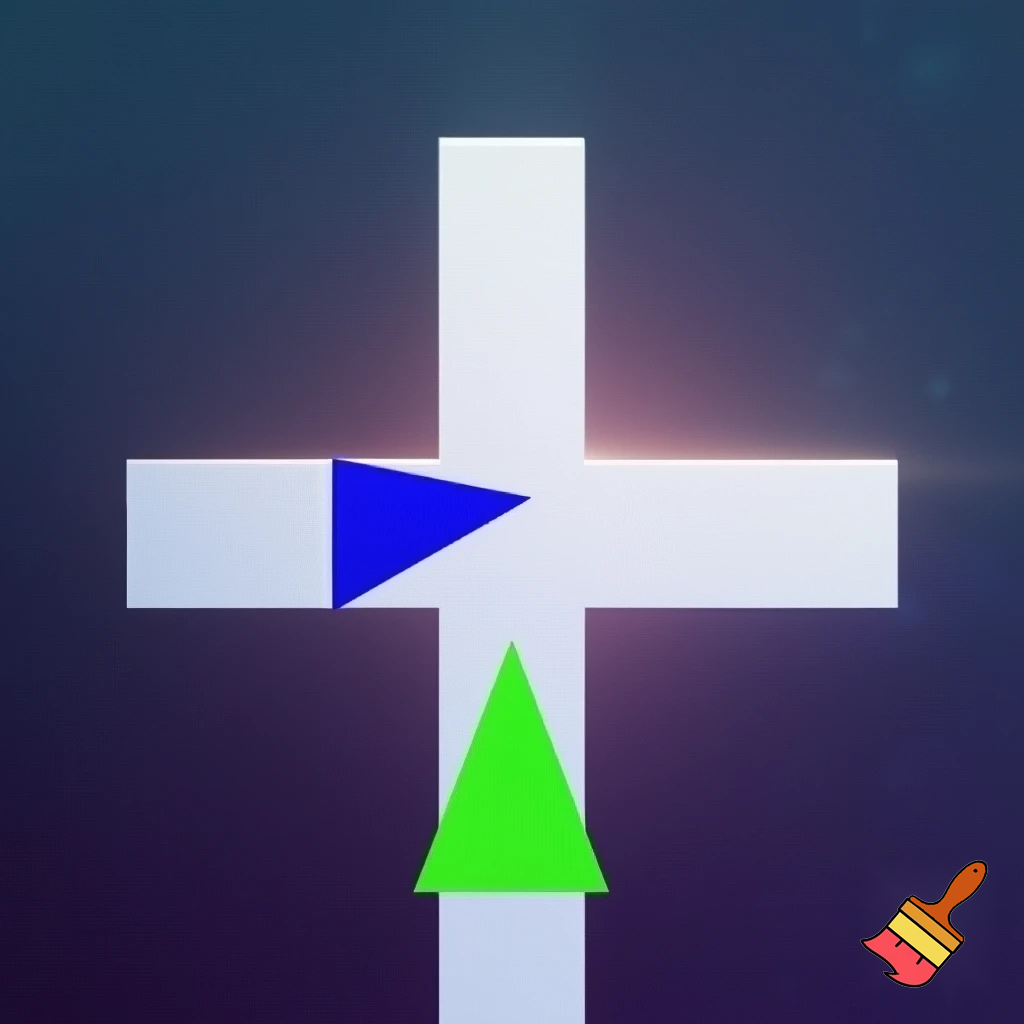 a greek cross with a blue triangle on the top pointing down, and a green triangle on the bottom pointing up