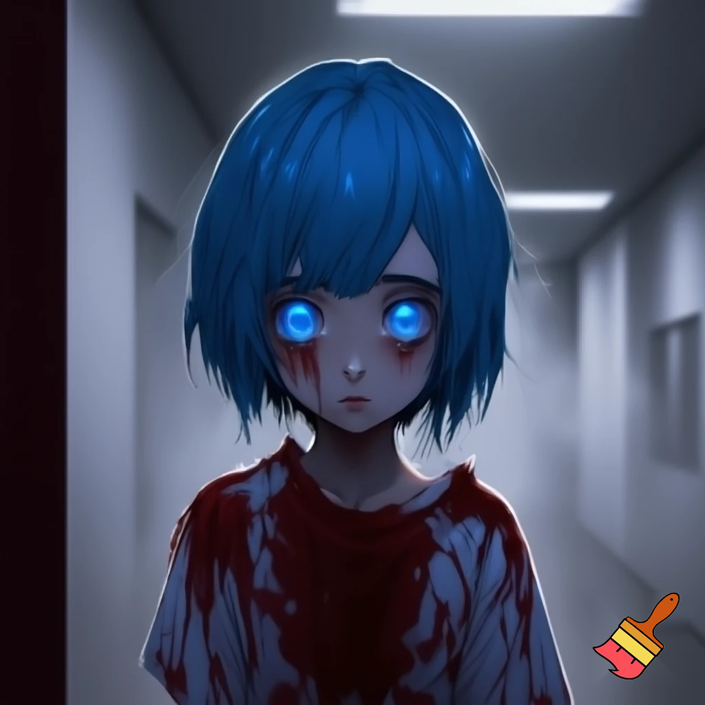 An innocent anime woman with short blue hair and glowing blue eyes wearing a bloody hospital gown