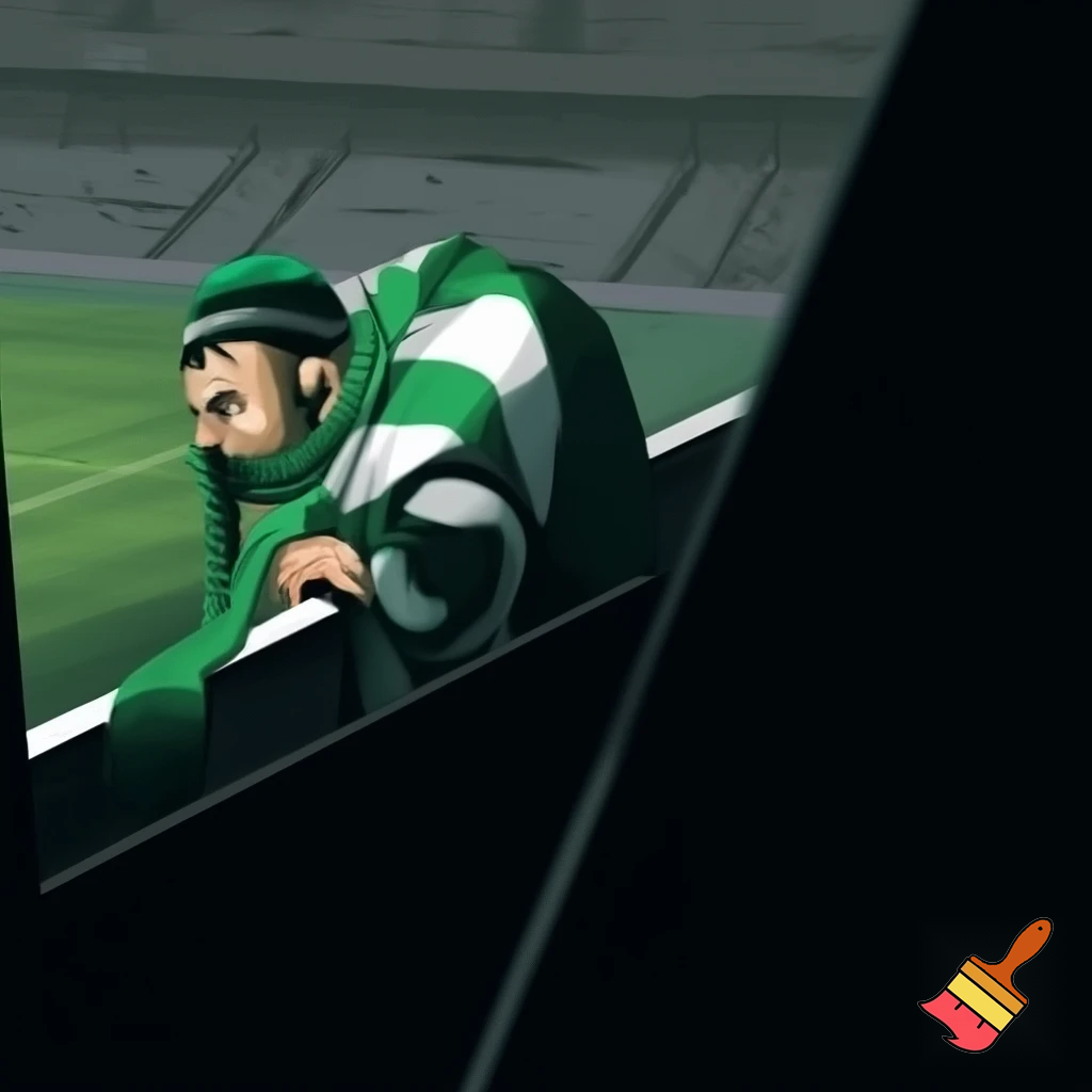 A Panathinaikos fan with a Panathinaikos scarf and clothes is at the Aris stadium in Kleanthis Vikelidis and is hiding so they won't find him.
