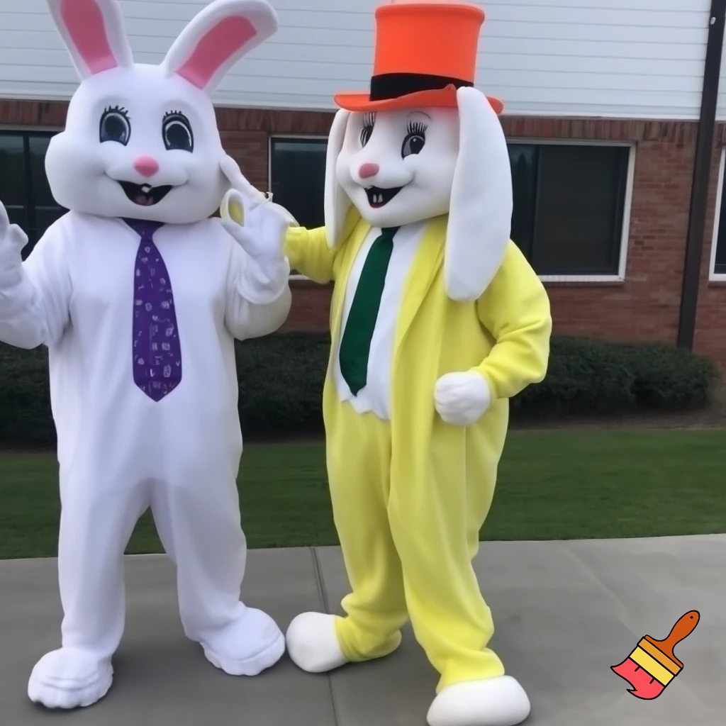 Easter bunny mascot top hat costume with a chainsaw mascot