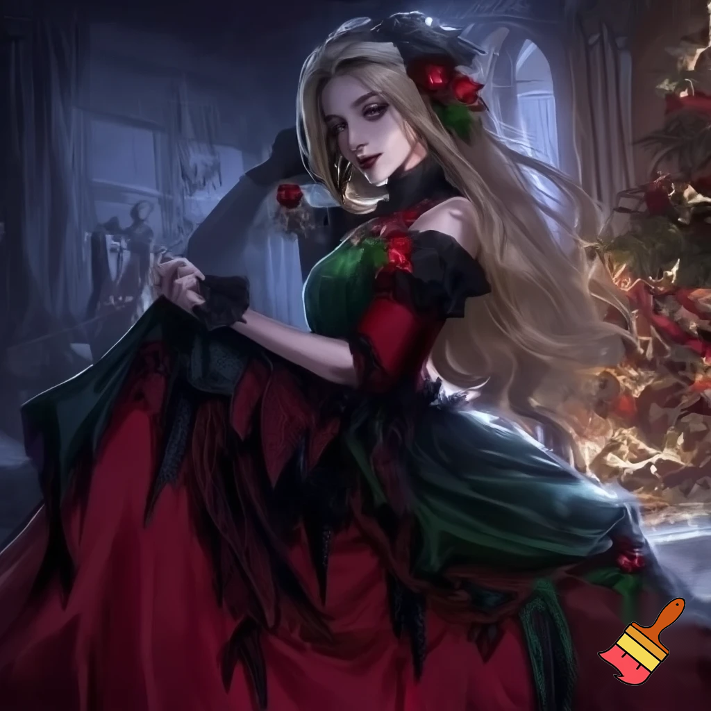 Blonde girl wearing a christmas dress in gothic style
