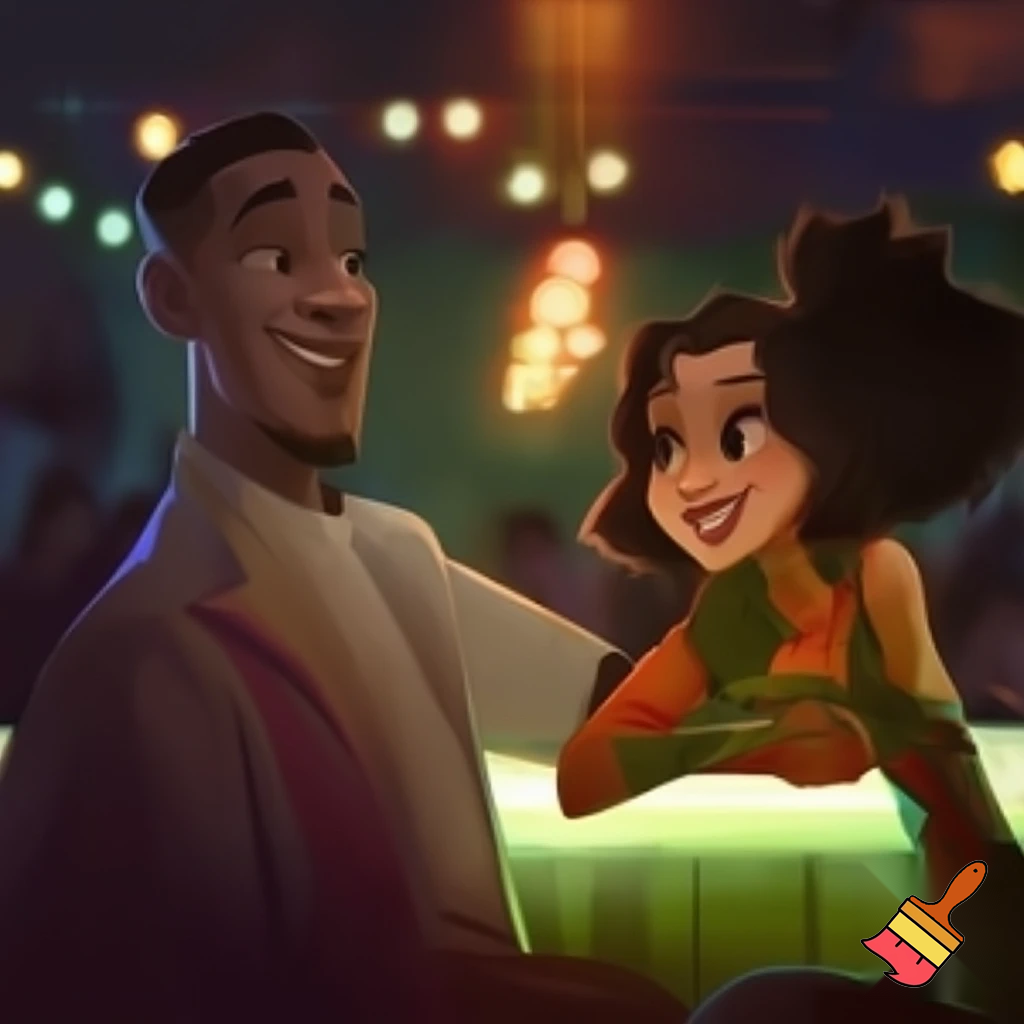 Create a realistic cartoon of black man with a Spanish girl dating at a bar