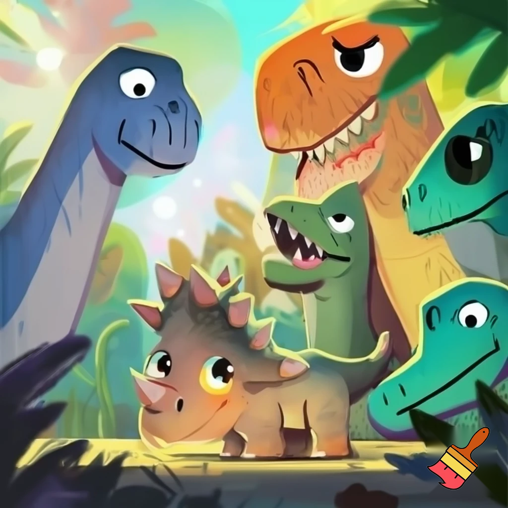 Draw a baby triceratops getting laughed at by other dinosaurs 