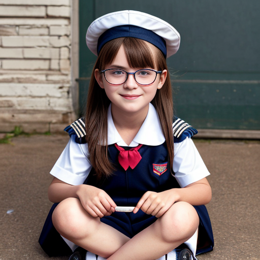 Cute adorable niña Chilindrina glasses con verano sailor uniforme escolar con zapatos negros escolar con calcetines blancos con sombrero sailor con sillas con colegio católico con foto grupal 3