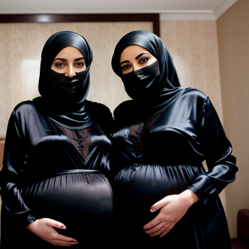 Inside a brown hotel room, heavily pregnant Trump and netanyahu kidnap are sitting together wearing black silk long heavy abaya, gloves, black silk hijab and a perfect silk nosepiece saudi niqab. 
