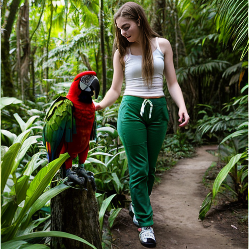 “Teen girl dressing pants, Macaws, monkeys, lush plants surrounding a teen girl on a forest path.”