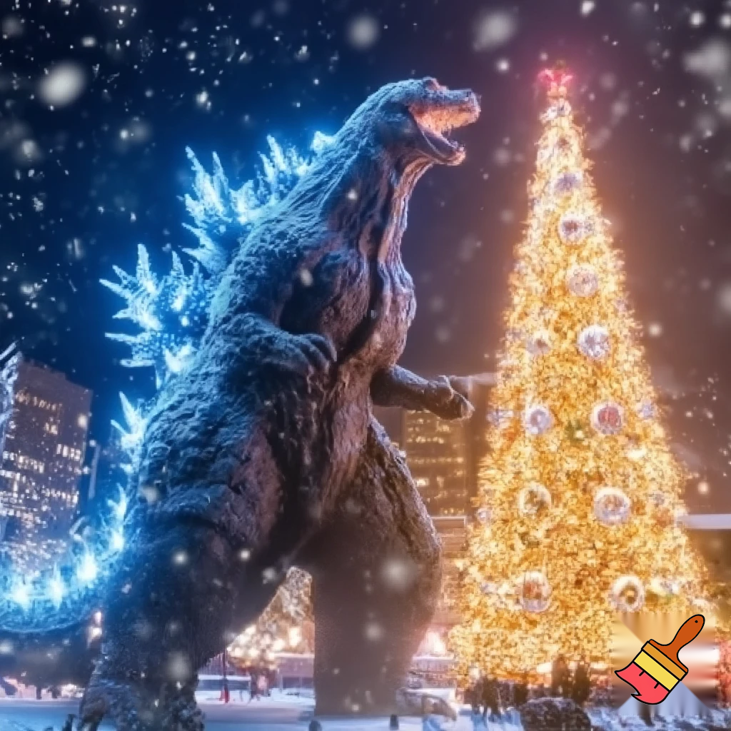 Godzilla walking to Christmas tree
