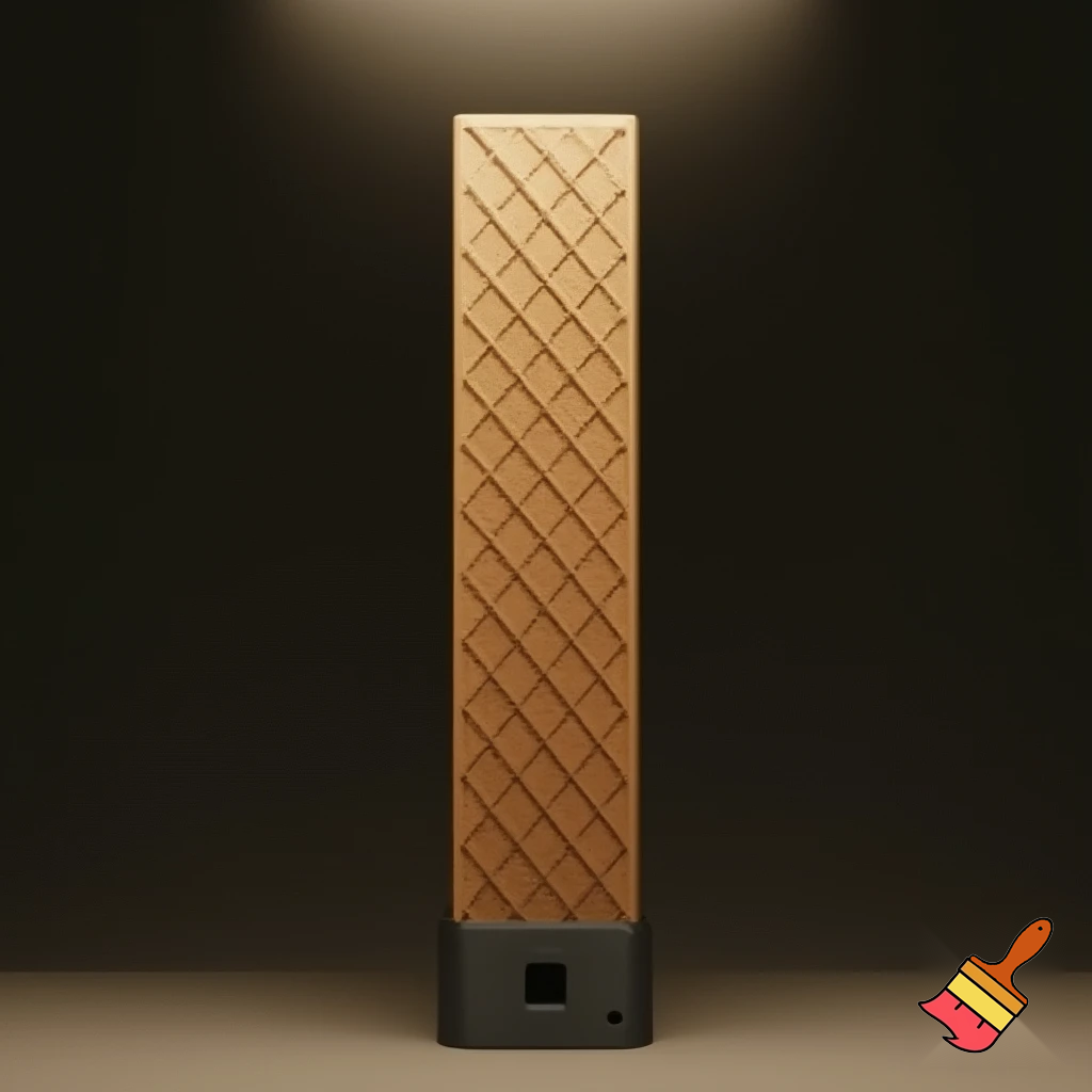 can you generate a light that is a long wooden cuboid and has indentations in it going diamond line diamond line and at the bottom is a base that has a charging socket, a colourchanging button and a on