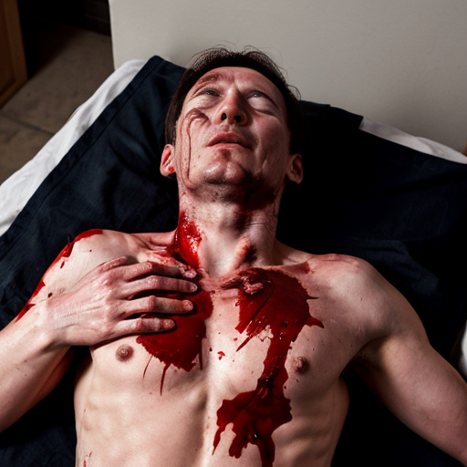 A corpse shirtless man, died, face are hiding by shirt, eye closed, chest fully opened wounded, blood everywhere.