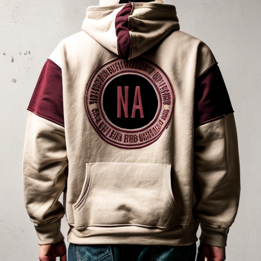 Back view of a burgundy / wine-colored streetwear hoodie with distressed patchwork fabric details (vintage worn patches). The hoodie is shown from the back, laid flat on a neutral concrete background. On the back there is a large centered graphic design: a distressed vintage circular stamp-style logo in beige/cream color. Inside the circle, bold text reads "NOVA CREW" in strong vintage typography. Below it in smaller text: "Born from the streets". The print has a cracked, worn texture to match the hoodie’s aesthetic. High detail, realistic fabric texture, fashion mockup style, streetwear brand presentation.

