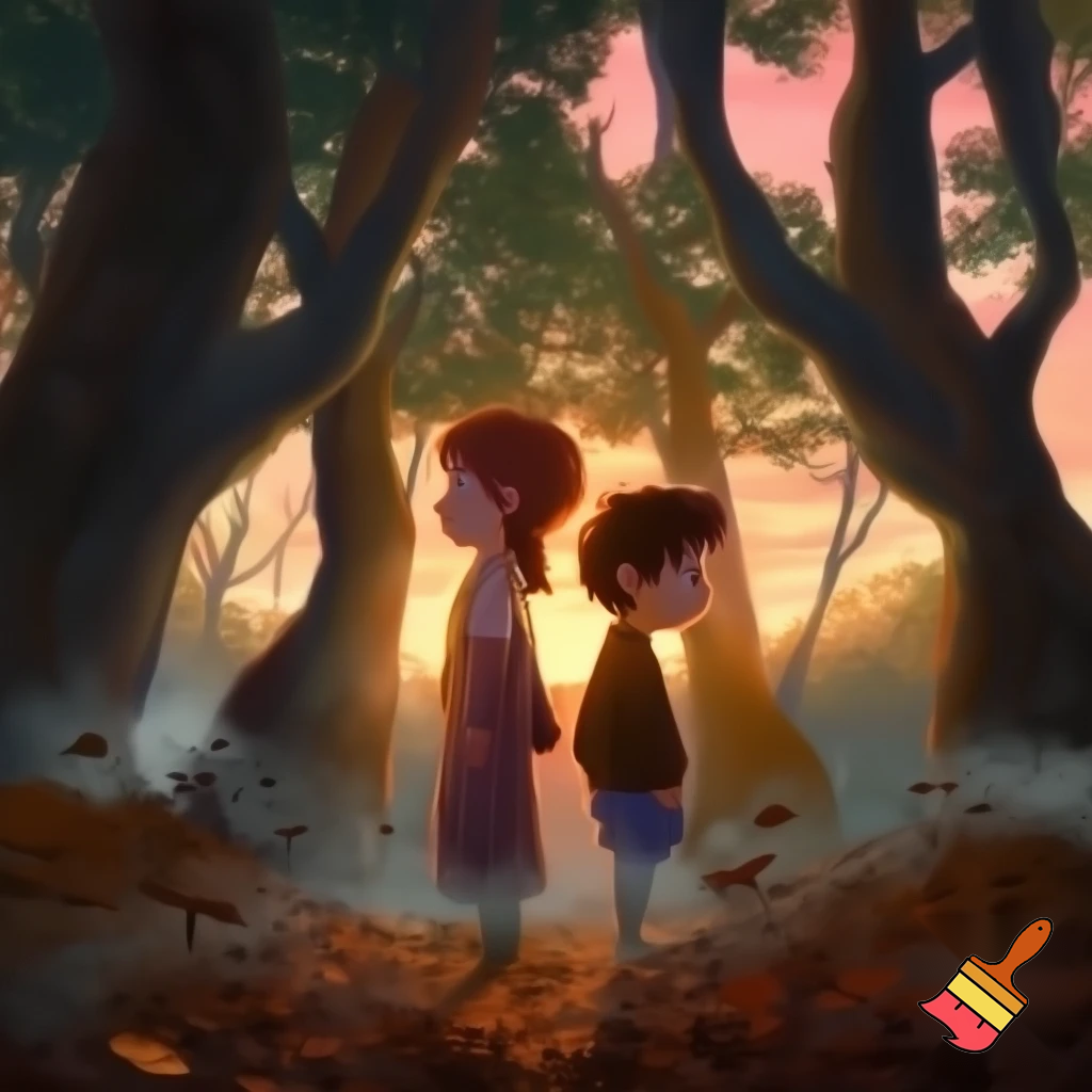 Two kids one girl one boy back to back in a sunset forest