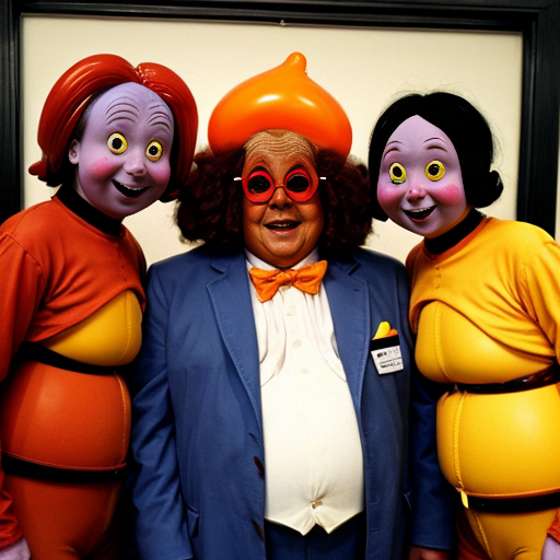 Vanessa Hudgens long hair depicted as a spherical shape inflated like a balloon, she is a round oval naked body boobs belly body overinflated Her facial expression is neutral, almost impassive. Her body is exaggeratedly rounded, forming a sphere, with no visible definition of limbs. ackground the Rusty Goffe and Marcus Powell Oompa Loompas from Willy Wonka's Chocolate Factory willy wonka characters real life real persons face Oompa Loompas, white eyebrows, colored skin, orange skin, blue eyes in out fits oompa loompas are standing around he