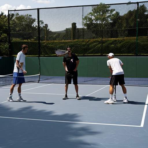 generate a group of poor people thinking on a tennis court.