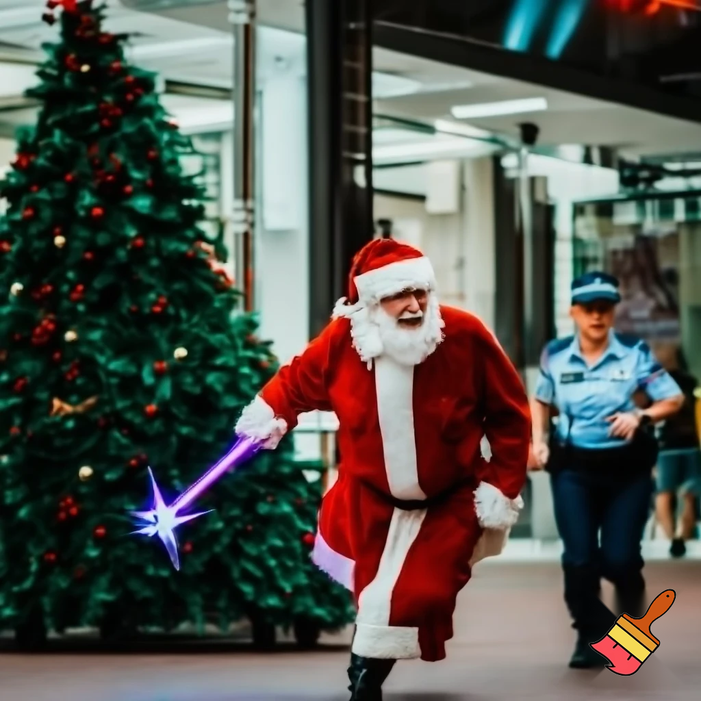 Santa Claus dancing shopping Centre walking Australian magic walking stick walking stick star running outside of the shopping centre on the Christmas tree  policeman are running