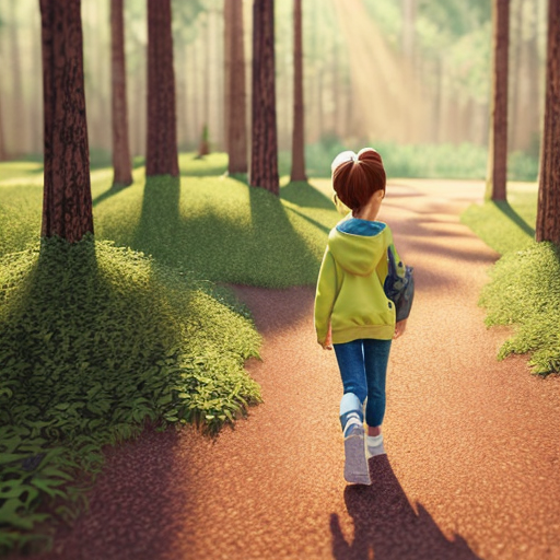 A sweet 7-year-old girl, fair skin, big expressive hazel eyes, long chestnut brown hair slightly wavy, small round nose, soft rosy cheeks, gentle smile. She wears a light green hoodie, blue jeans, white sneakers, and a small yellow backpack. Pixar-style 3D character, soft lighting, rounded shapes, child-friendly proportions, high-quality 3D illustration.
Walking on a forest path near her house, tall trees and bushes, sunlight rays through leaves, small colorful flowers along the path, peaceful and warm atmosphere, square format, 1:1 aspect ratio, centered subject
