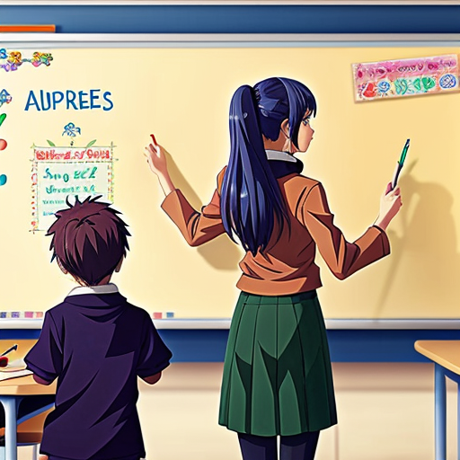 A teacher stands at the board with children around her, drawing