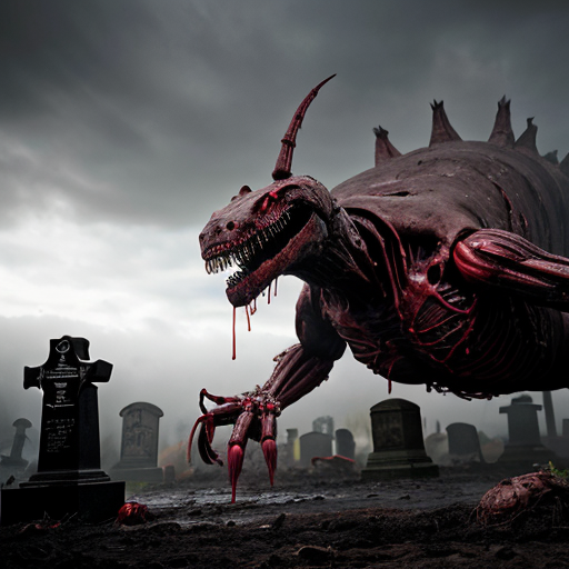 A photorealistic, hyper-detailed dark fantasy horror scene. A colossal, floating bio-mechanical leviathan hovers menacingly over a foggy, desolate graveyard. The creature is a grotesque fusion of rotting, dripping flesh, exposed muscle, and dark metallic machinery, featuring a massive gaping maw with jagged teeth and numerous intensely glowing red optical sensors dotting its body. Viscous gore drips from its underbelly. In the foreground, heavily mutilated humanoid corpses covered in wet blood and raw flesh are rising from muddy, open graves among weathered stone crosses. The atmosphere is grim, cinematic, and terrifying, with thick atmospheric fog, a dark overcast sky, and stark contrast between the desaturated greys of the cemetery and the vivid, glowing crimson reds. Shot on 35mm lens, 8k resolution, highly realistic texturing.