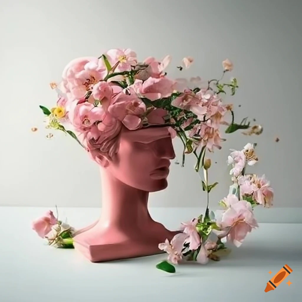 hollow head vase with blossoming flowers