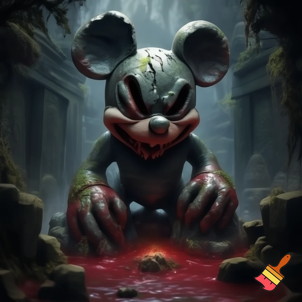 Ancient stone idol of Mickey Mouse with blood sacrifice