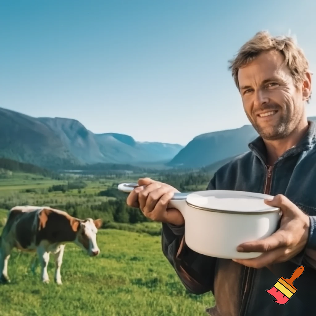 generer et bilde til en reklameplakat, produktet vi skal reklamere for er melkespann laget av vårt firma Nessemaskin. Slagordet vårt er "Litt melk om dagen gjør bra for magen, kjøp vårt melkespann så smiler både mor og mann". Vi vil også få fram at vårt firma er det eneste du kan stole på, spill på nasjonalromantikken og få fram at produktet vårt kan brukes til alt du kan tenke deg, det er bare fantasien som stopper deg. Spill på nasjonalromantikken ved å ha med kyr, fin norsk natur og ei budeie som holder melkespannet
