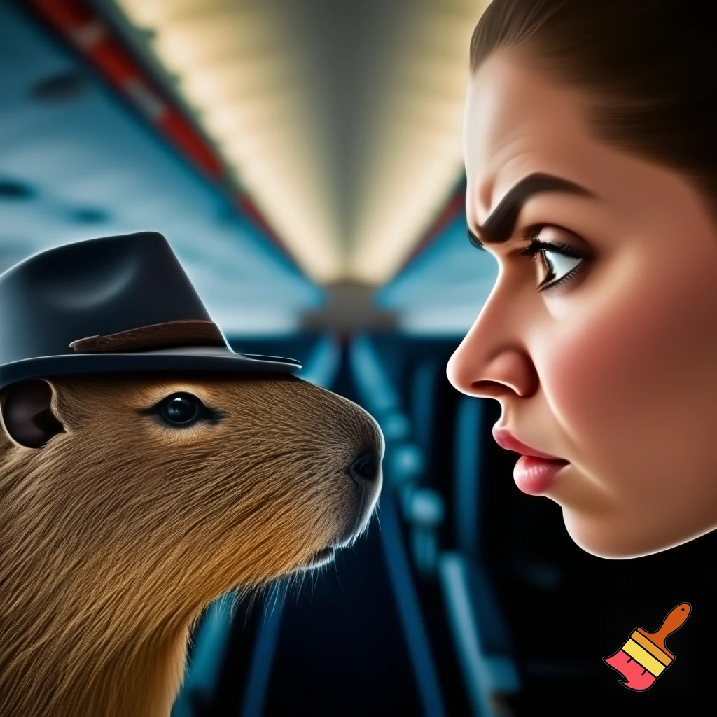 a woman is mad at the capybara in a hat at the plane



