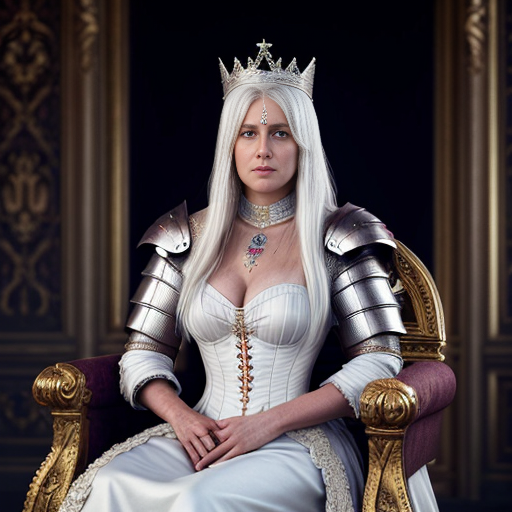 Tall, white-haired Queen of Poland in armor sitting on a throne