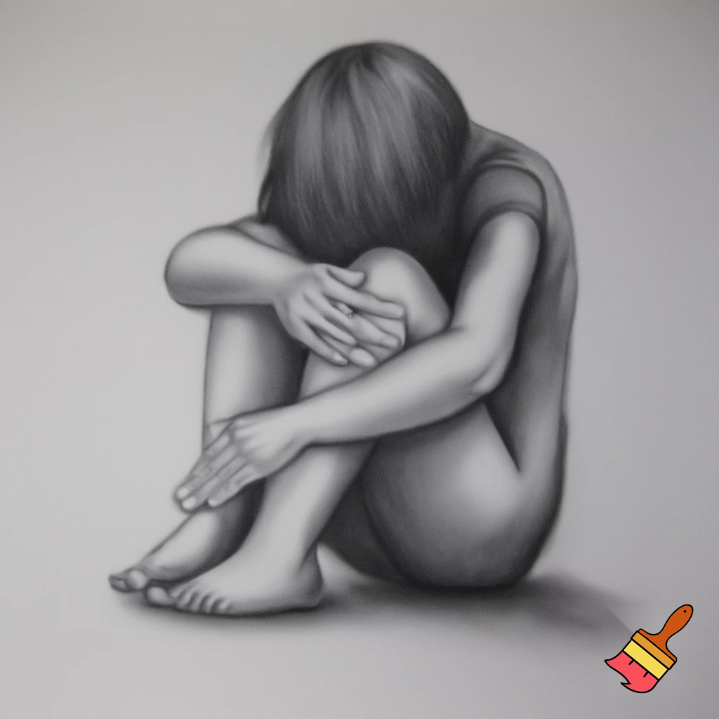 a figure sitting hugging there knees with hands pointing at them in charcoal
