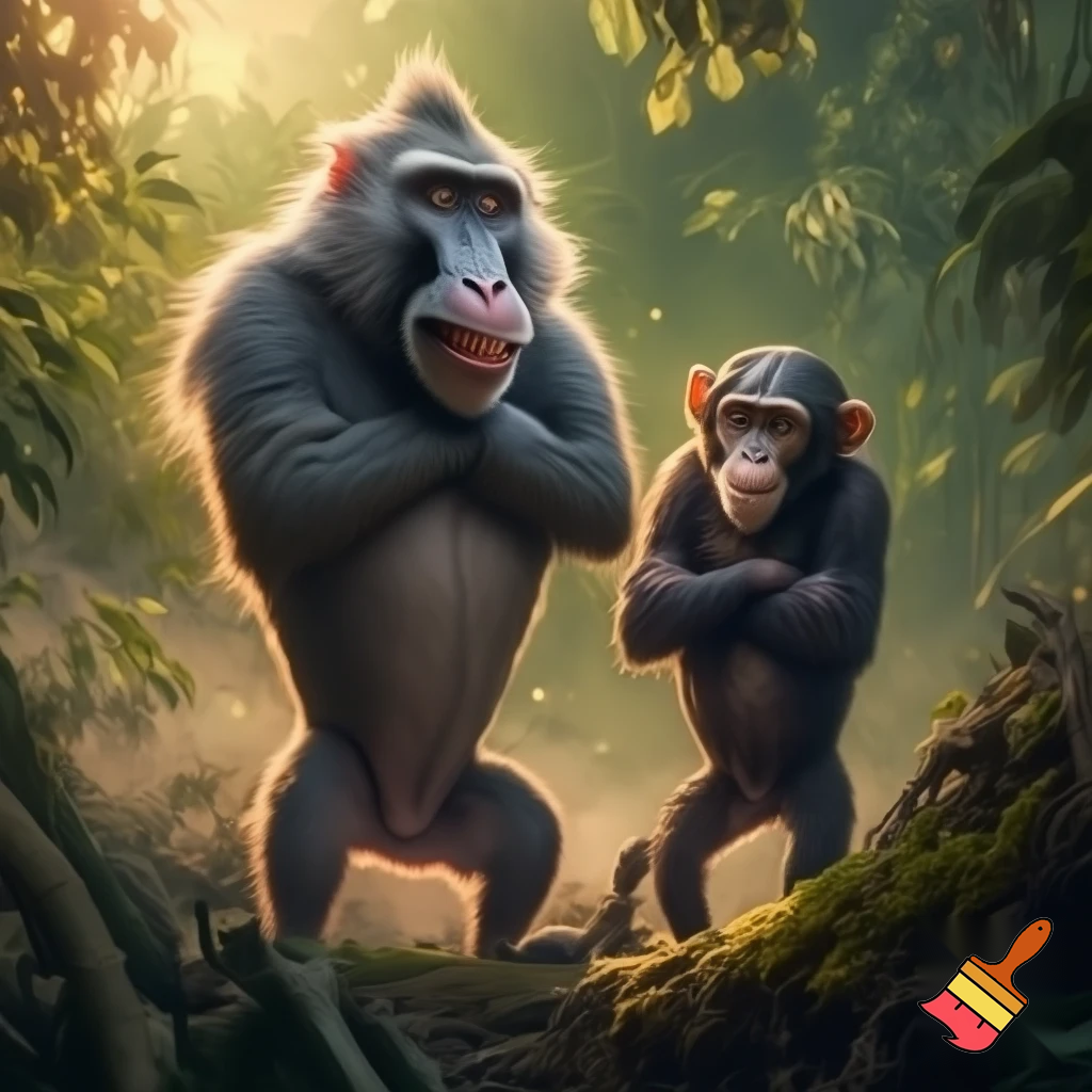 A baboon smiling and standing on his two legs with his arms crossed and looking at a chimpanzee that is standing on his two legs with his arms crossed and smiling