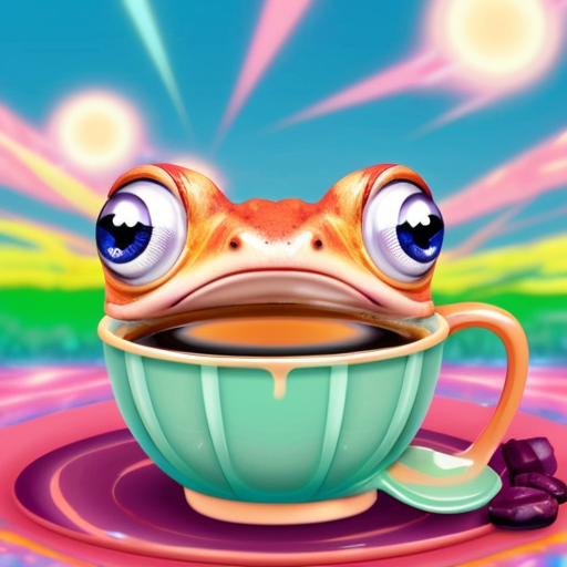 A hillarious, funny boho toad with some hippie colored coffee cups. Psychedelic decorated background, hyperrealistic. Close-up view.