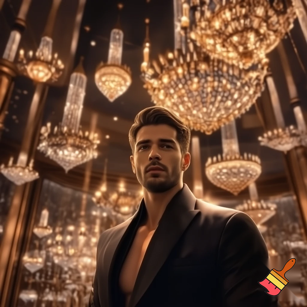 "An image of a handsome, stylish man without a tie, standing in the middle of a large room. Surrounding him are numerous bronze and crystal chandeliers, each shining softly with a warm glow. The chandeliers come in various shapes and sizes, filling the space with an elegant, luxurious atmosphere. The man stands calmly and confidently, looking both modern and sophisticated, amidst the shimmering lights."