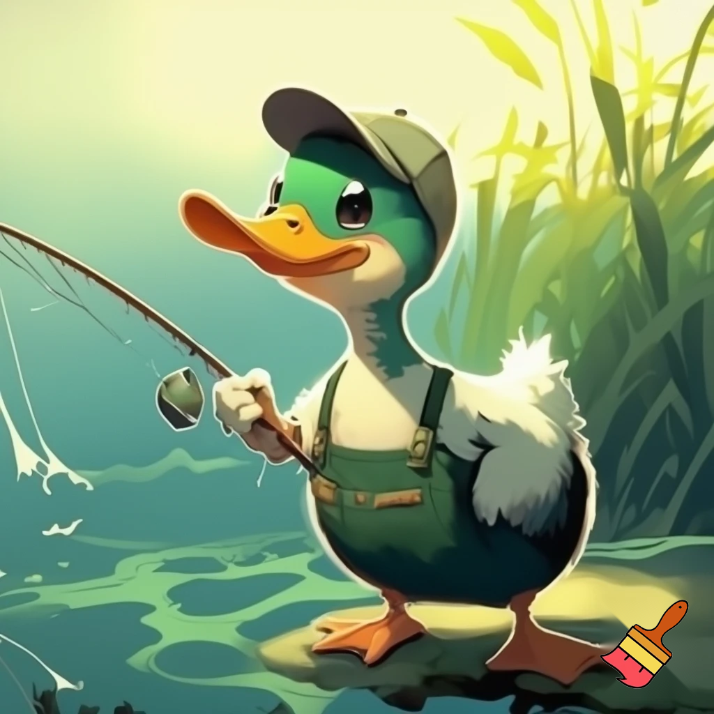 pato, feliz, desenho estilo anime, cor verde, roupa de pescador