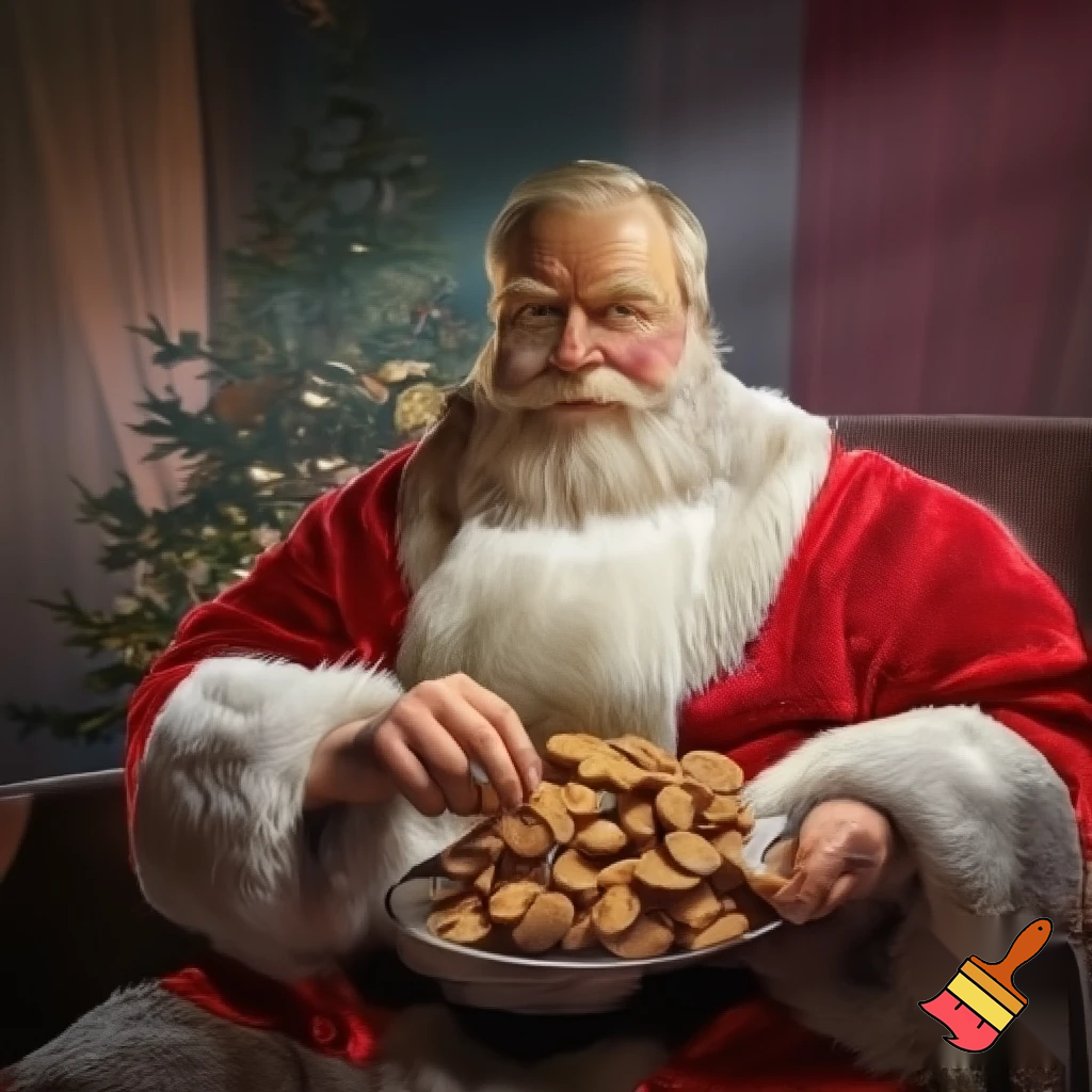 Adolf Hitler in a Santa suit eating cookies