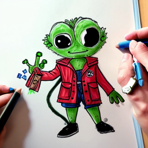 dumaloq tanali va bitta ko'zli kulguli  qizil shimli ko'k jaketli yashil maxluqni  chizib bering