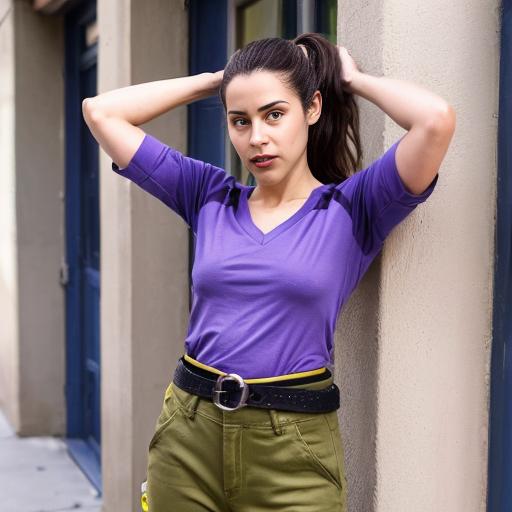 Generate a real life version of Aviva is a slender, young Hispanic woman in her 20s and above average height; she has long and bushy, armpit-length brown hair that she always ties back in a low ponytail, green eyes (with a slight grayish tinge), and tan skin. She usually wears a V-neck purple shirt and a yellow collared jacket with a blue stripe running down both of the sleeves, her pants are blue bell bottoms held by a black slim belt with a grey bolt on it, worn crookedly around her waist, and purple and white low-top sneakers.