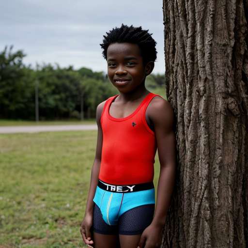 A visibly embarrassed ten year old boy poses outdoors in front of a tree in his briefs. He is black. He is chubby.
