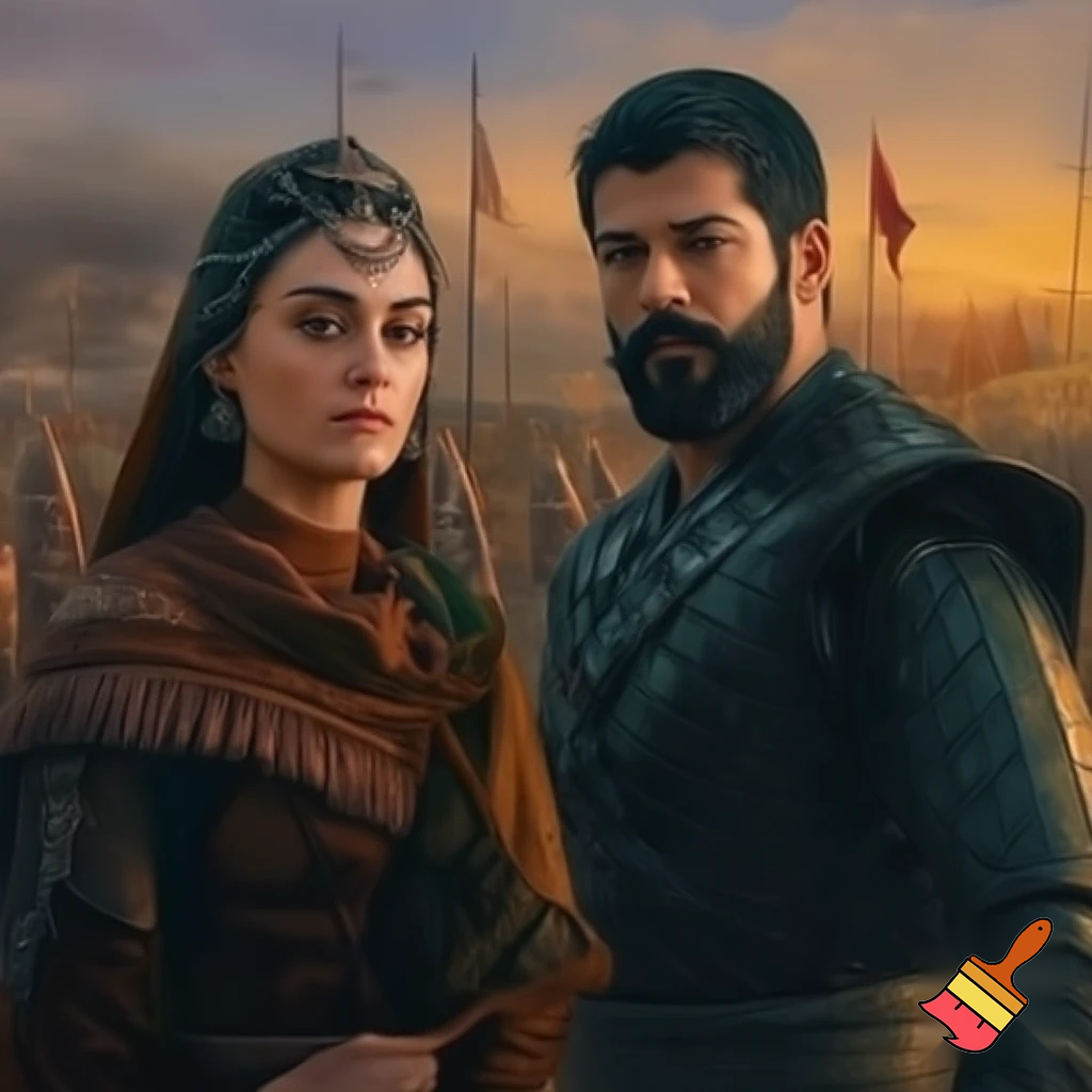 esra bilgic as halime hatun and burak ozcivit as osman bey
 standing together
