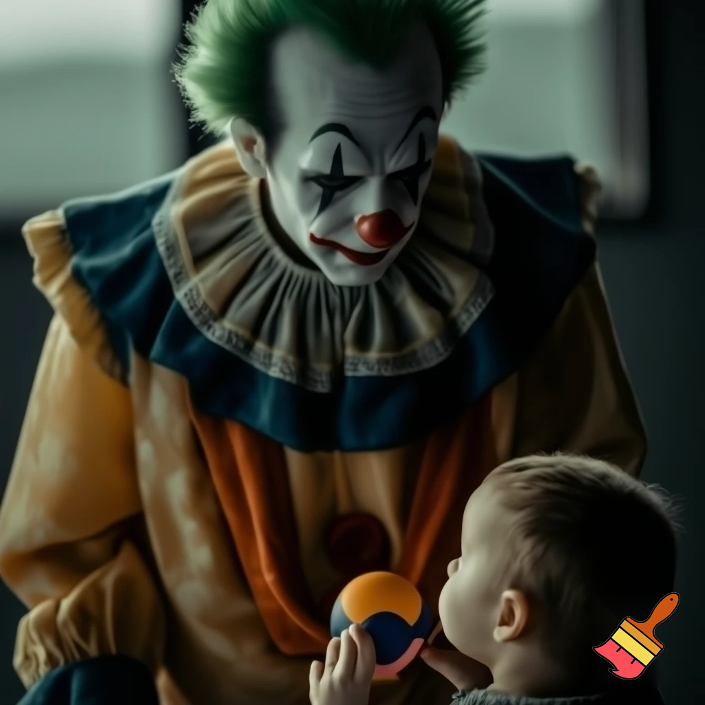 
A realistic full-body scene of a sad clown with detailed makeup and a colorful costume, standing quietly while a small child gently offers him a ball. The atmosphere is emotional, tender, and heartwarming, with natural lighting, detailed fabric texture, and cinematic realism.