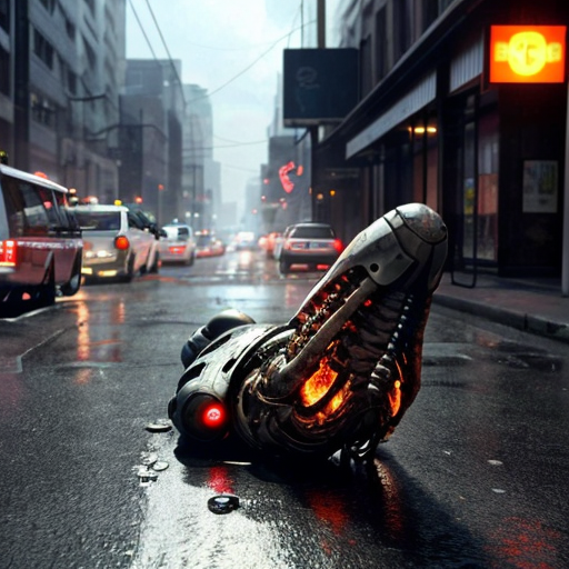 a rain-slicked city street at night, neon signs flickering through the haze as twisted biomechanical abominations shamble between overturned cars and shattered storefronts. These grotesque humanoid hybrids fuse pulsating organic tissue with rusted plating, their exposed muscle fibers writhing around hydraulic pistons, dripping blackened oil and viscera onto the cracked asphalt. Hazmat-suited figures scramble in the background, their glowing containment units casting an eerie green light on a bisected robot corpse—its still-twitching upper half dragging itself forward using torn intestinal cords as grappling hooks. Half-melted faces stretch across metal skull frames, jaws unhinging vertically to release guttural steam hisses as they clutch eviscerated human torsos like gruesome shopping bags. A towering construct with six spinal columns fused into a centipede-like tail crushes a streetlight underfoot, its dozen mismatched eyes reflecting the distant explosion ripping through the quarantine zone's barricades