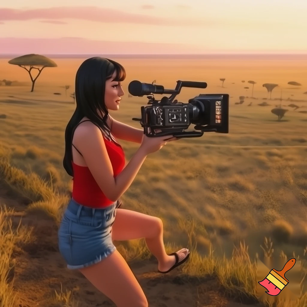 A cute and muscular black-long-and-side-swept-banged-haired fair white woman with arriflex digital camera and wearing red tank top and woman's blue short jeans and putting the sandals on her feet is filmming the plains of the Serengeti in Tanzania.
