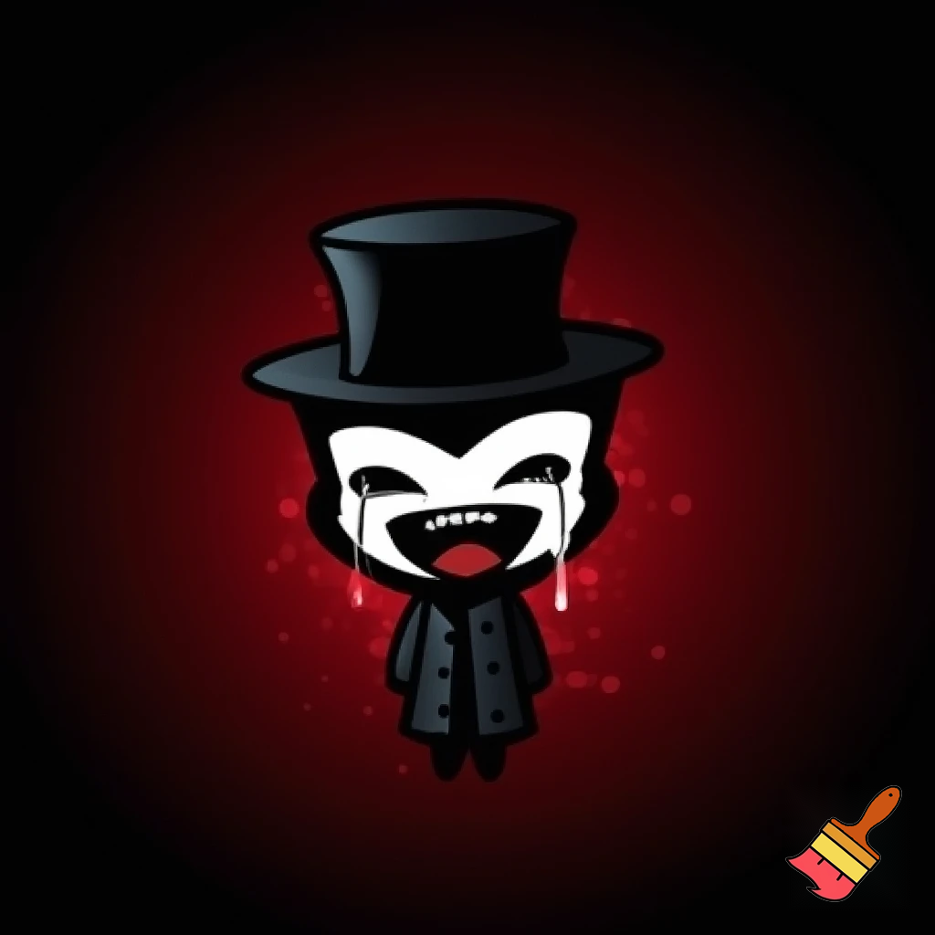 horror mascot icon of a mysterious shadow-like gentleman.
A dark humanoid figure made of living shadows, emitting subtle glowing red particles.
He wears a short black top hat and an elegant dark coat.
His face is covered by a white theatrical mask showing both a laughing and crying expression at the same time, with fully white, painted eyes and white tears dripping down.
The character has a small chibi body with a large head, elegant posture, refined and classy appearance.
Dark horror illustration style with sharp, expressive lines, deep blacks and grays, high contrast lighting, and vivid red glowing particles.
Cute but unsettling, elegant yet sinister.
Minimal background, dark vignette, centered composition.
High detail, clean silhouette, perfect for a brand mascot icon.